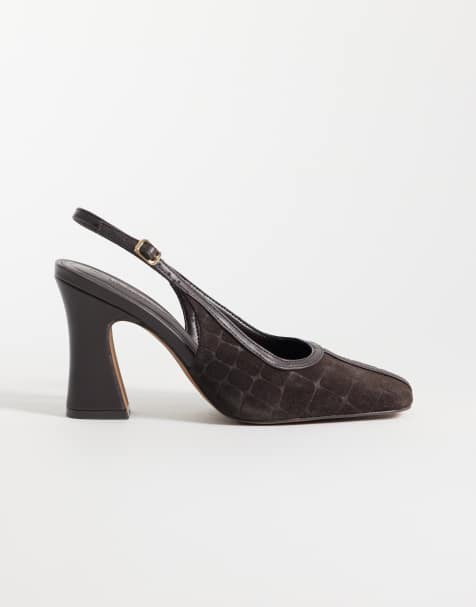 ASOS DESIGN escarpins slingback à talon carré en daim véritable, effet croco, couleur chocolat - view 1