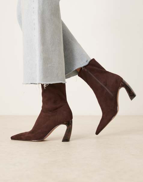 ASOS DESIGN Esme banana heel ankle boots in chocolate suedette - view 1
