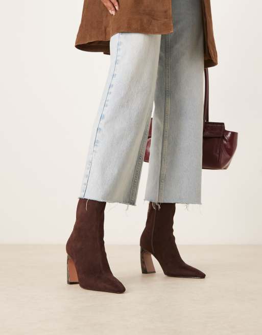 ASOS DESIGN Esme banana heel ankle boots in chocolate suedette