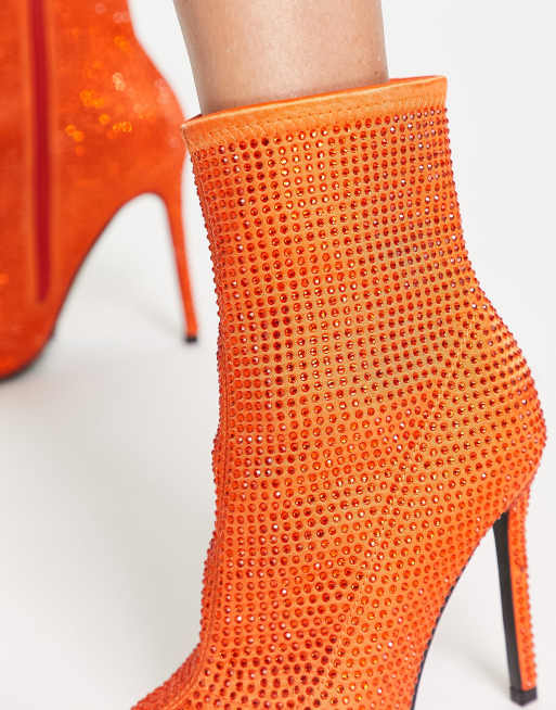 ASOS DESIGN Esme embellished heeled sock boots in orange rhinestone