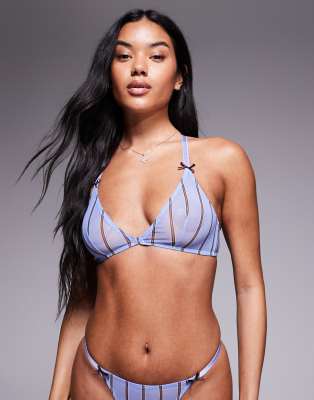 Asos Design Esme Mesh Stripe Front Closure Triangle Bra In Blue