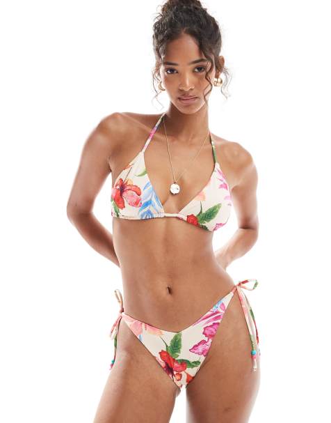 ASOS DESIGN Esme tie side bikini bottom with beads in hot tropic print - MULTI