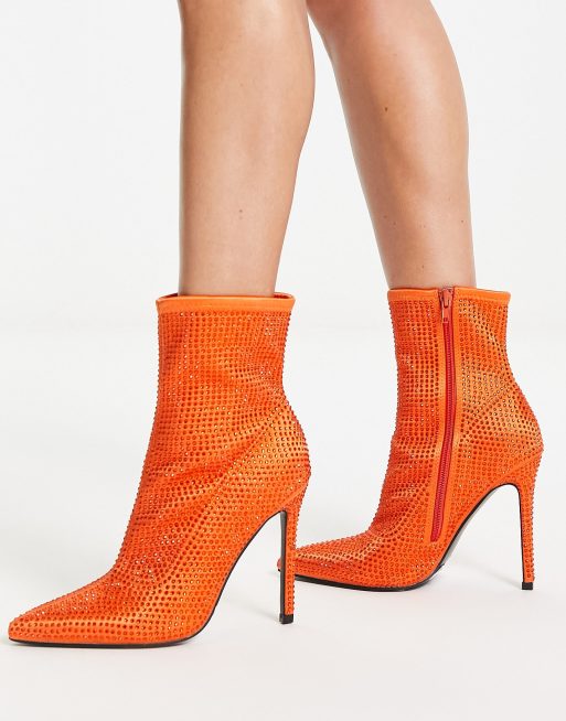 ASOS DESIGN Esme Verzierte Sock Boot Stiefel mit Absatz und orangem Strassbesatz ASOS