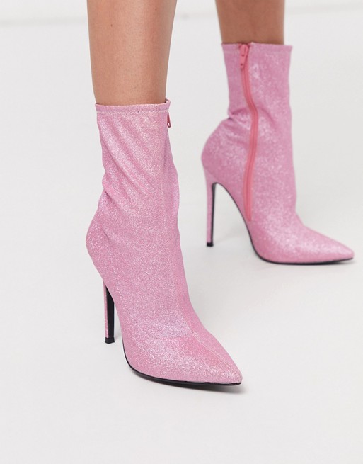 ASOS DESIGN Esmerelda high heeled sock boots in pink glitter