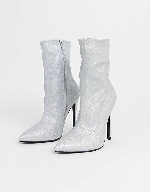 ASOS DESIGN Esmerelda high heeled sock boots in silver glitter