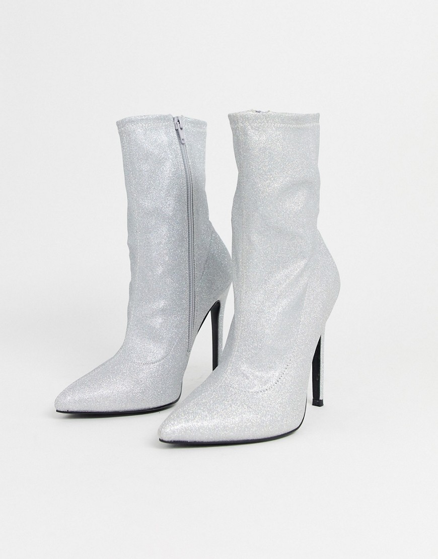ASOS DESIGN - Esmerelda - Stivali a calza argento glitter con tacco alto