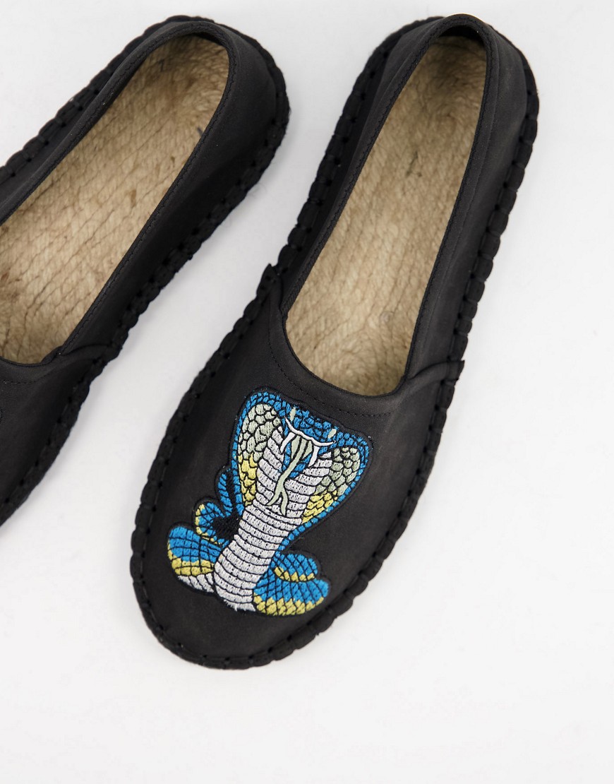ASOS DESIGN espadrilles in black with snake embroidery