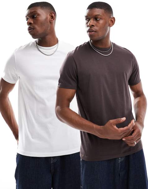 ASOS DESIGN essential 2 pack crew neck t-shirt in brown and white - view 1