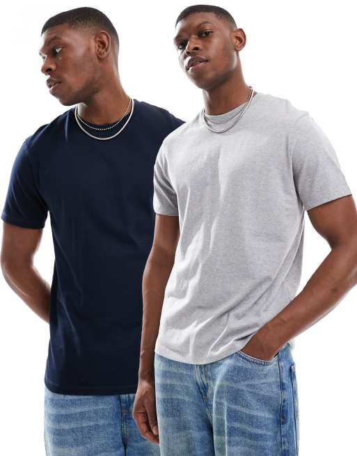 ASOS DESIGN essential 2 pack crew neck t-shirt in grey and navy