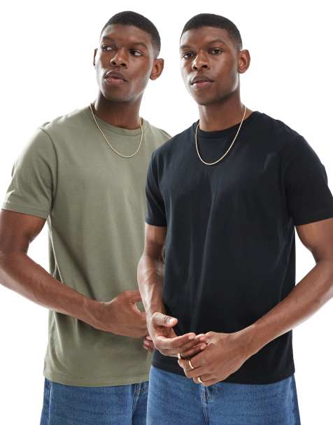 ASOS DESIGN essential 2 pack crew neck t-shirts in black and khaki - view 1