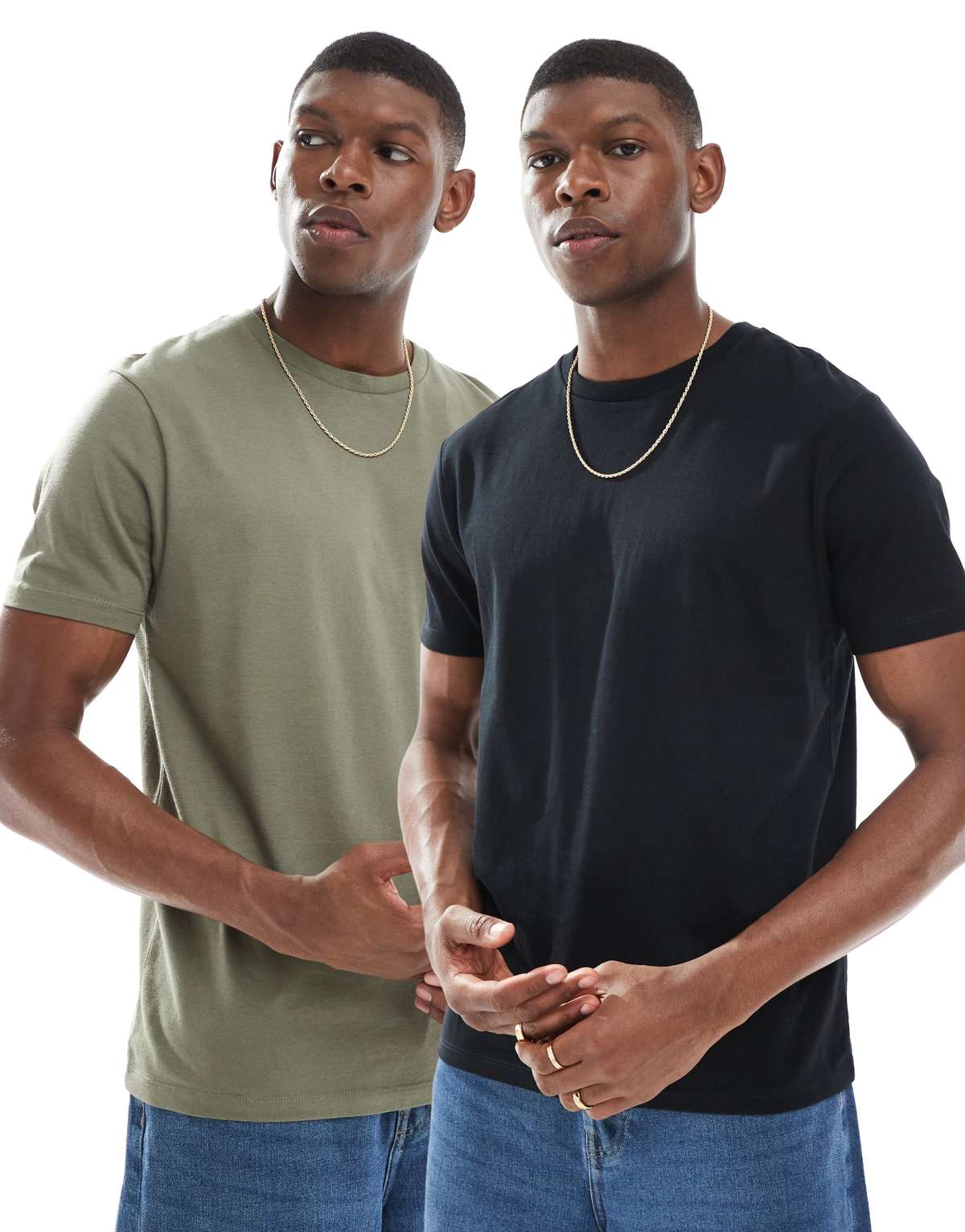 ASOS DESIGN essential 2 pack crew neck t-shirts in black and khaki
