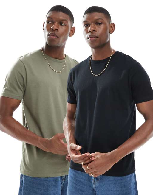 ASOS DESIGN essential 2 pack crew neck t-shirts in black and khaki  