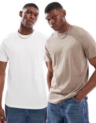 ASOS DESIGN ASOS DESIGN essential 2 pack crew neck t-shirts in brown and cream-Multi