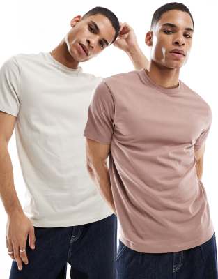 ASOS DESIGN essential 2 pack crew neck t-shirts in brown and stone   