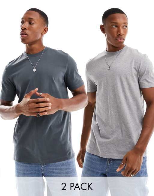 ASOS DESIGN essential 2 pack crew neck t-shirts in charcoal and grey marl