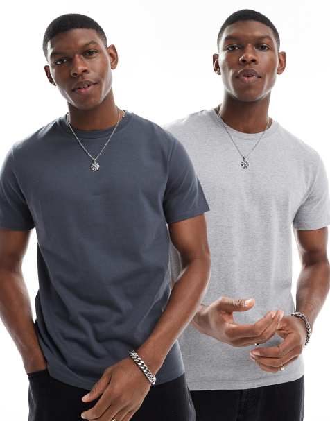 ASOS DESIGN essential 2 pack crew neck t-shirts in charcoal and heather gray - view 1