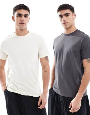 essential 2 pack crew neck t-shirts with cuffed sleeves in charcoal and cream-Multi