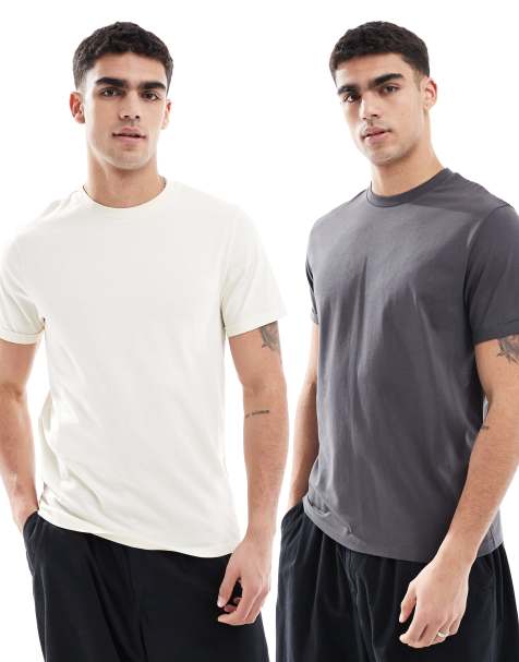 ASOS DESIGN essential 2 pack crew neck t-shirts with cuffed sleeves in charcoal and cream - view 1