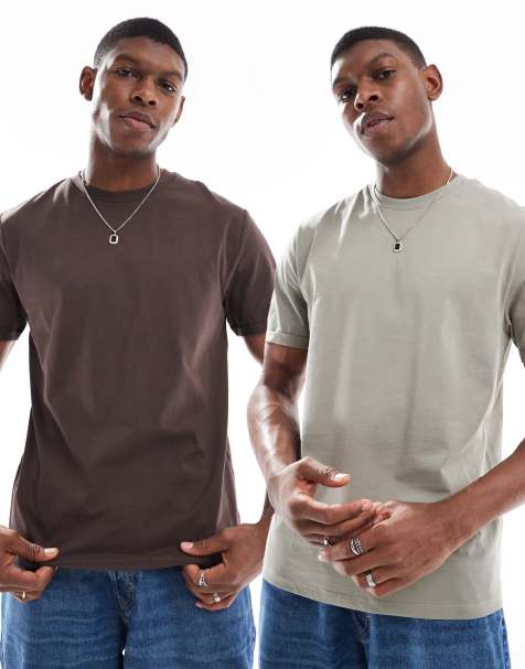 ASOS DESIGN essential 2 pack crew neck t-shirts with roll sleeve in stone and brown - view 1