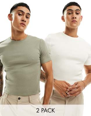 Asos Design Essential 2 Pack Muscle Fit Rib Knit T-shirts In Multi