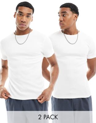 Asos Design Essential 2 Pack Muscle Fit Rib Knit T-shirts In White