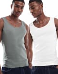 [ASOS DESIGN] ASOS DESIGN essential 2 pack muscle fit rib singlets in cream and khaki-Multi 2XL MULTI