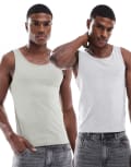 [ASOS DESIGN] ASOS DESIGN essential 2 pack muscle fit singlets in grey and green-Multi S MULTI
