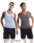 [ASOS DESIGN] ASOS DESIGN essential 2 pack muscle fit singlets in light blue and charcoal-Multi XS MULTI