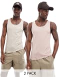 [ASOS DESIGN] ASOS DESIGN essential 2 pack muscle fit singlets in pink and stone-Multi XS MULTI