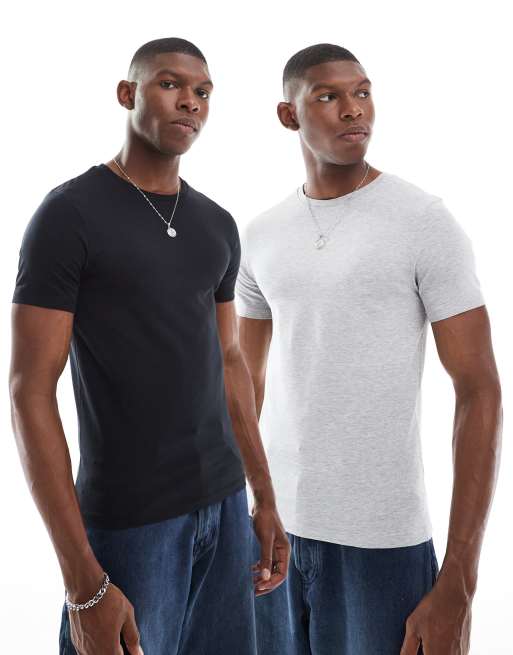ASOS DESIGN essential 2 pack muscle fit t-shirts in black and grey marl     