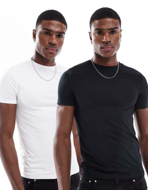 ASOS DESIGN essential 2 pack muscle fit t-shirts in black and white