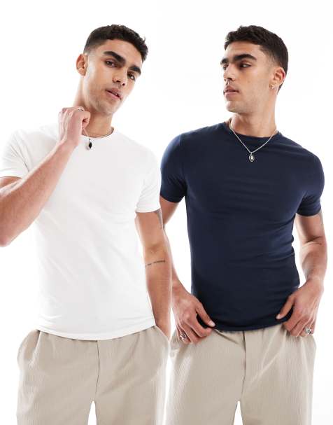 ASOS DESIGN essential 2 pack muscle fit t-shirts in cream and navy - view 1