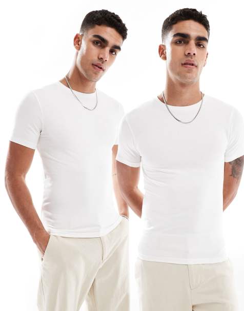 ASOS DESIGN essential 2 pack muscle fit t-shirts in cream - view 1