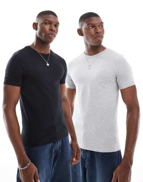 ASOS DESIGN essential 2 pack muscle fit T-shirts in white and gray heather - view 1