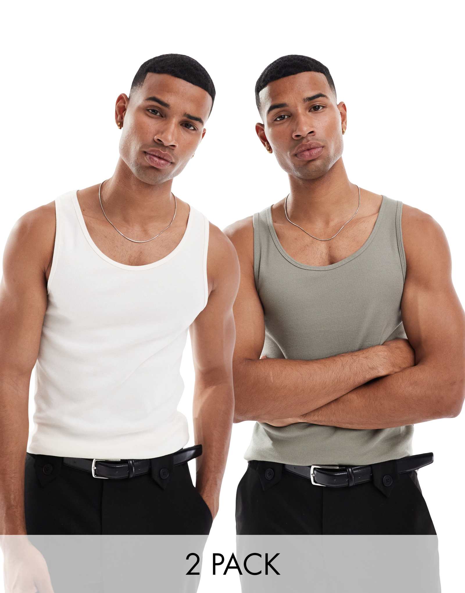 Майки ASOS DESIGN essential из 2-х комплектов в обтяжку белого цвета и цвета хаки в рубчик   