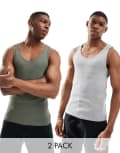 [ASOS DESIGN] ASOS DESIGN essential 2 pack muscle rib singlets in khaki and grey marl-Multi XS MULTI
