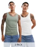 [ASOS DESIGN] ASOS DESIGN essential 2 pack muscle singlets in cream and mid green-Multi XS MULTI