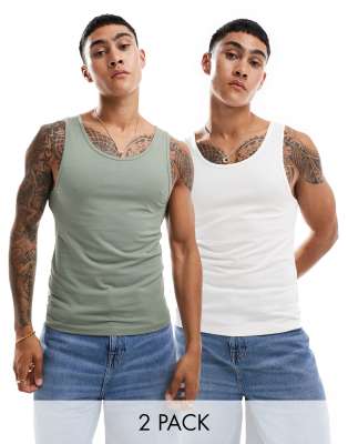 ASOS DESIGN essential 2 pack muscle vests in cream and mid green  - view 1