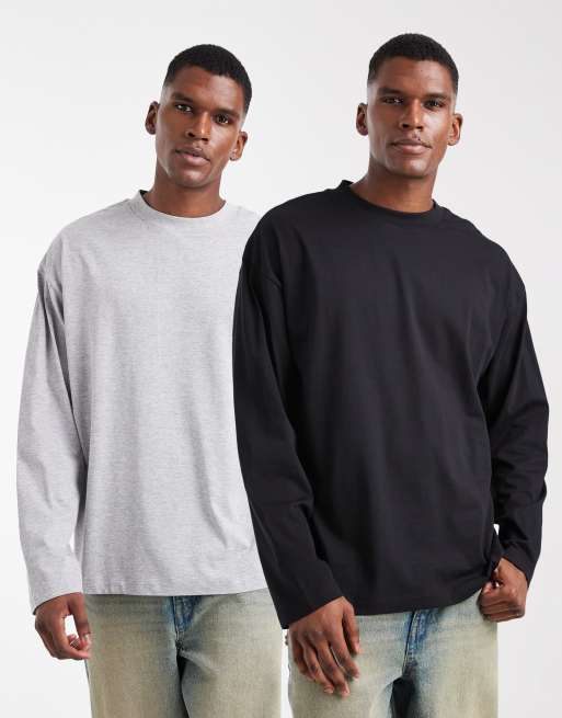 ASOS DESIGN essential 2 pack oversized long sleeve T-shirts in black and gray heather  