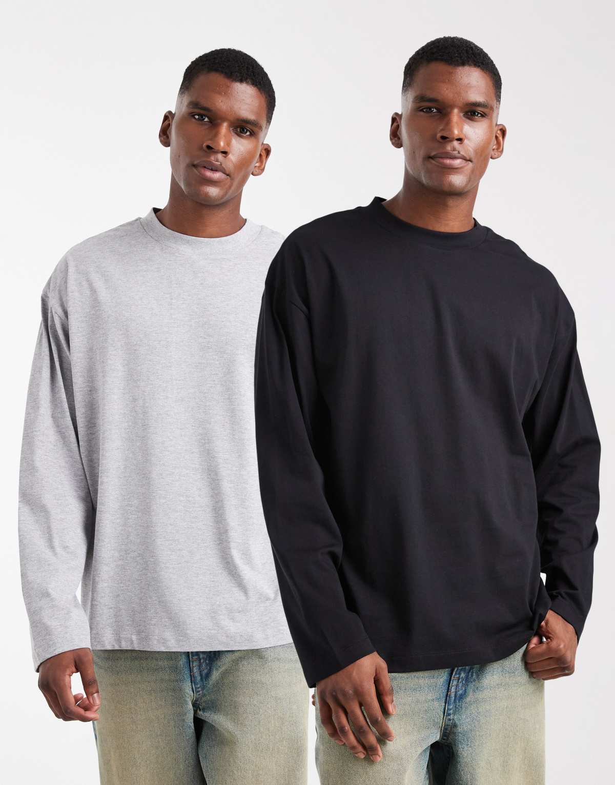 ASOS DESIGN essential 2 pack oversized long sleeve t-shirts in black and grey marl