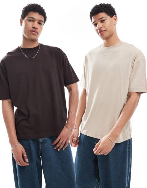 ASOS DESIGN essential 2 pack oversized t-shirt in brown and stone - view 1