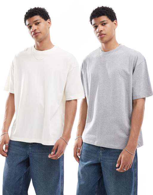 ASOS DESIGN essential 2 pack oversized t-shirt in cream and grey marl