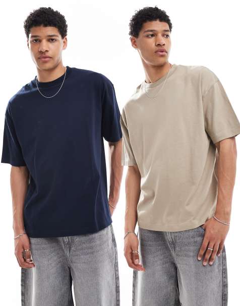 ASOS DESIGN essential 2 pack oversized t-shirt in navy and stone - view 1