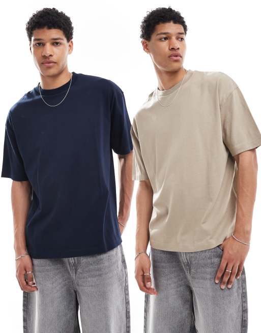 ASOS DESIGN essential 2 pack oversized t-shirt in navy and stone
