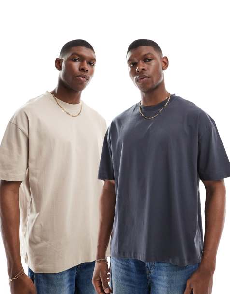 ASOS DESIGN essential 2 pack oversized T-shirts in charcoal and stone - view 1