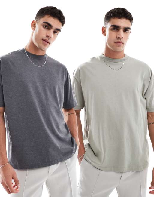 ASOS DESIGN essential 2 pack oversized t-shirts in charcoal marl and khaki     