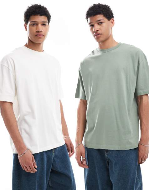 ASOS DESIGN essential 2 pack oversized t-shirts in cream and green - view 1