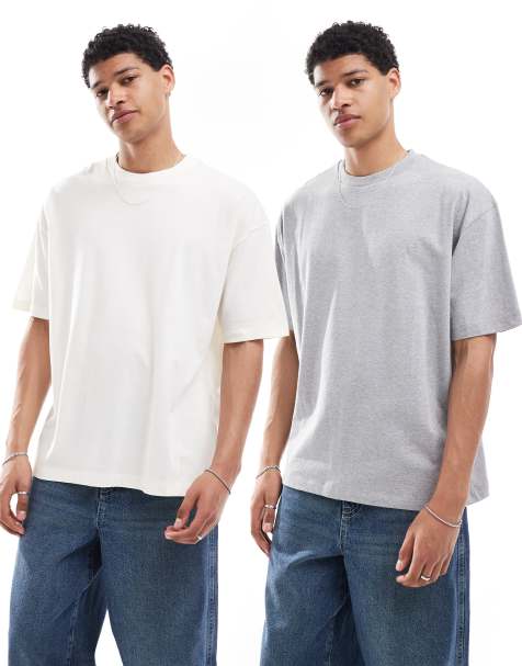 ASOS DESIGN essential 2 pack oversized t-shirts in cream and heather gray - view 1