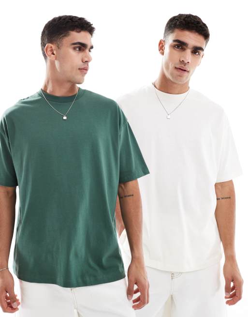 ASOS DESIGN essential 2 pack oversized t-shirts in dark green and cream    