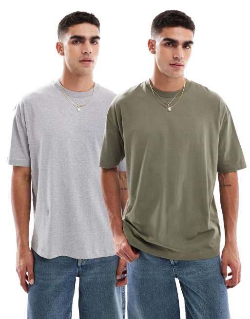 ASOS DESIGN essential 2 pack oversized t-shirts in grey marl and khaki   